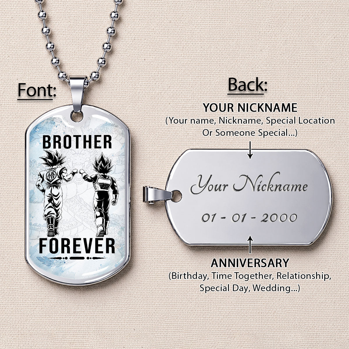 Custom Dragon Ball Goku & Vegeta Brother Dog Tag Necklace - Motivational Quote "Brother Forever"  Stainless Steel Pendant - Anime Gift for DBZ Fans - DRDL127