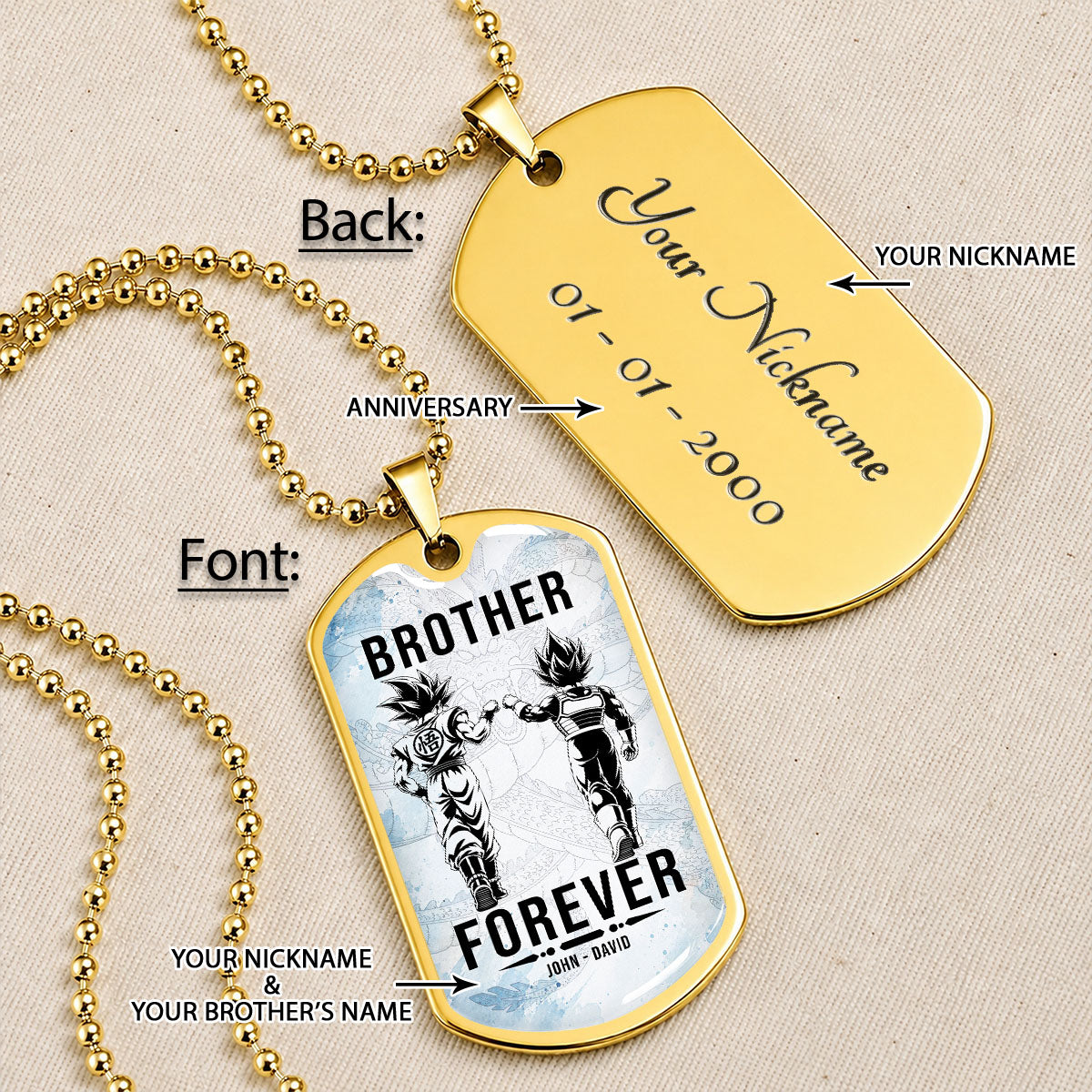 Custom Dragon Ball Goku & Vegeta Brother Dog Tag Necklace - Motivational Quote "Brother Forever"  Stainless Steel Pendant - Anime Gift for DBZ Fans - DRDL127