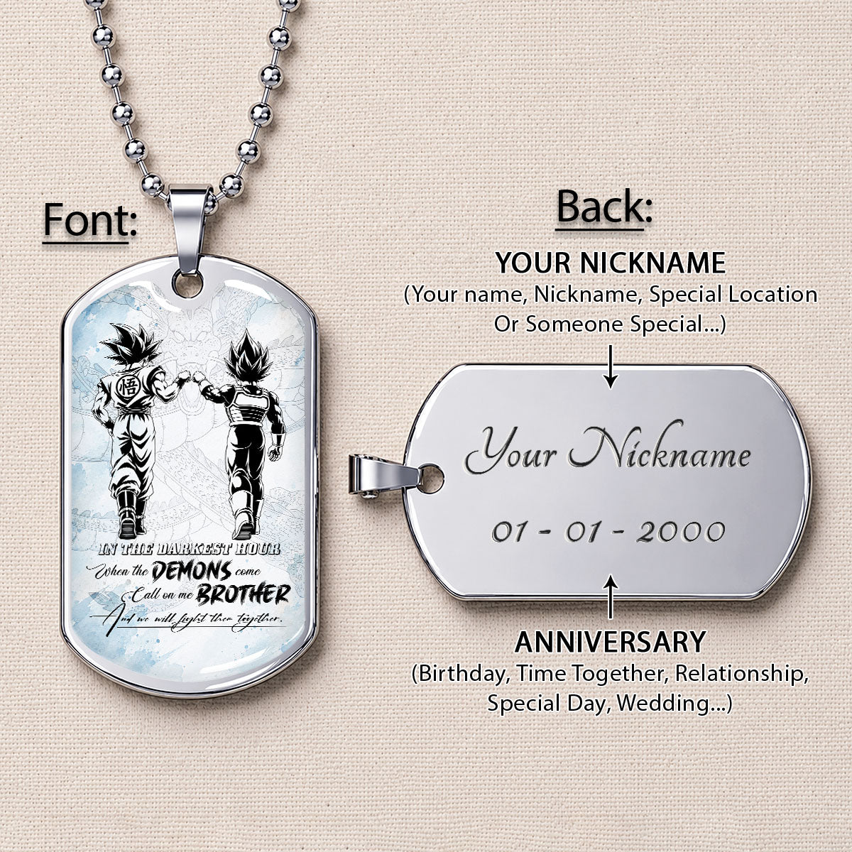 Custom Dragon Ball Goku & Vegeta Brother Dog Tag Necklace - Motivational Quote "Call On Me Brother"  Stainless Steel Pendant - Anime Gift for DBZ Fans - DRDL128