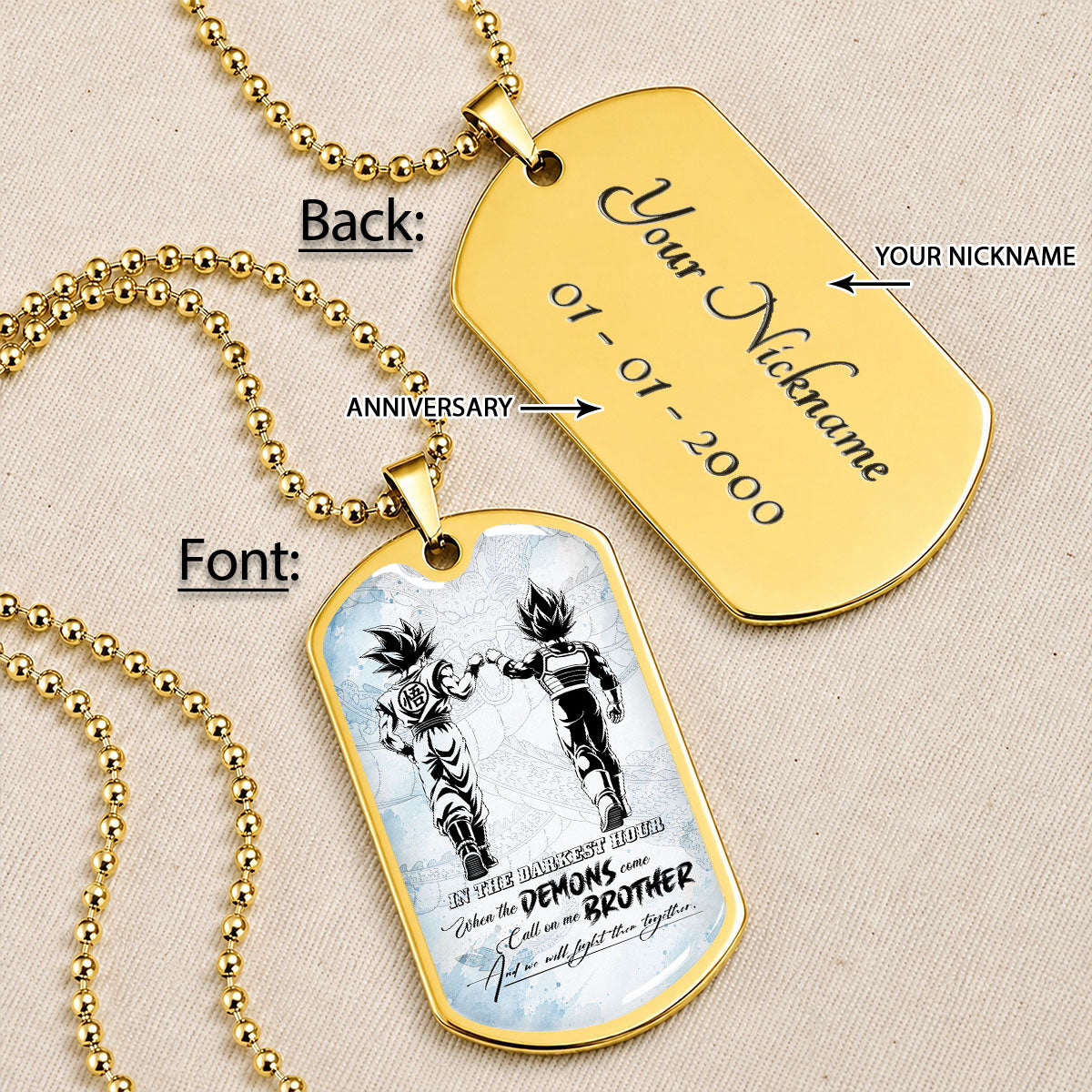 Custom Dragon Ball Goku & Vegeta Brother Dog Tag Necklace - Motivational Quote "Call On Me Brother"  Stainless Steel Pendant - Anime Gift for DBZ Fans - DRDL128