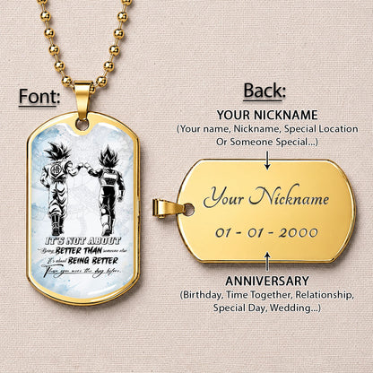 Custom Dragon Ball Goku & Vegeta Dog Tag Necklace - Motivational Quote "Being Better Than Yesterday" Stainless Steel Pendant - Anime Gift for DBZ Fans - DRDL129