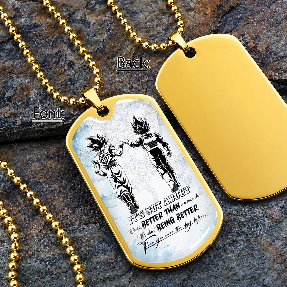 Custom Dragon Ball Goku & Vegeta Dog Tag Necklace - Motivational Quote "Being Better Than Yesterday" Stainless Steel Pendant - Anime Gift for DBZ Fans - DRDL129