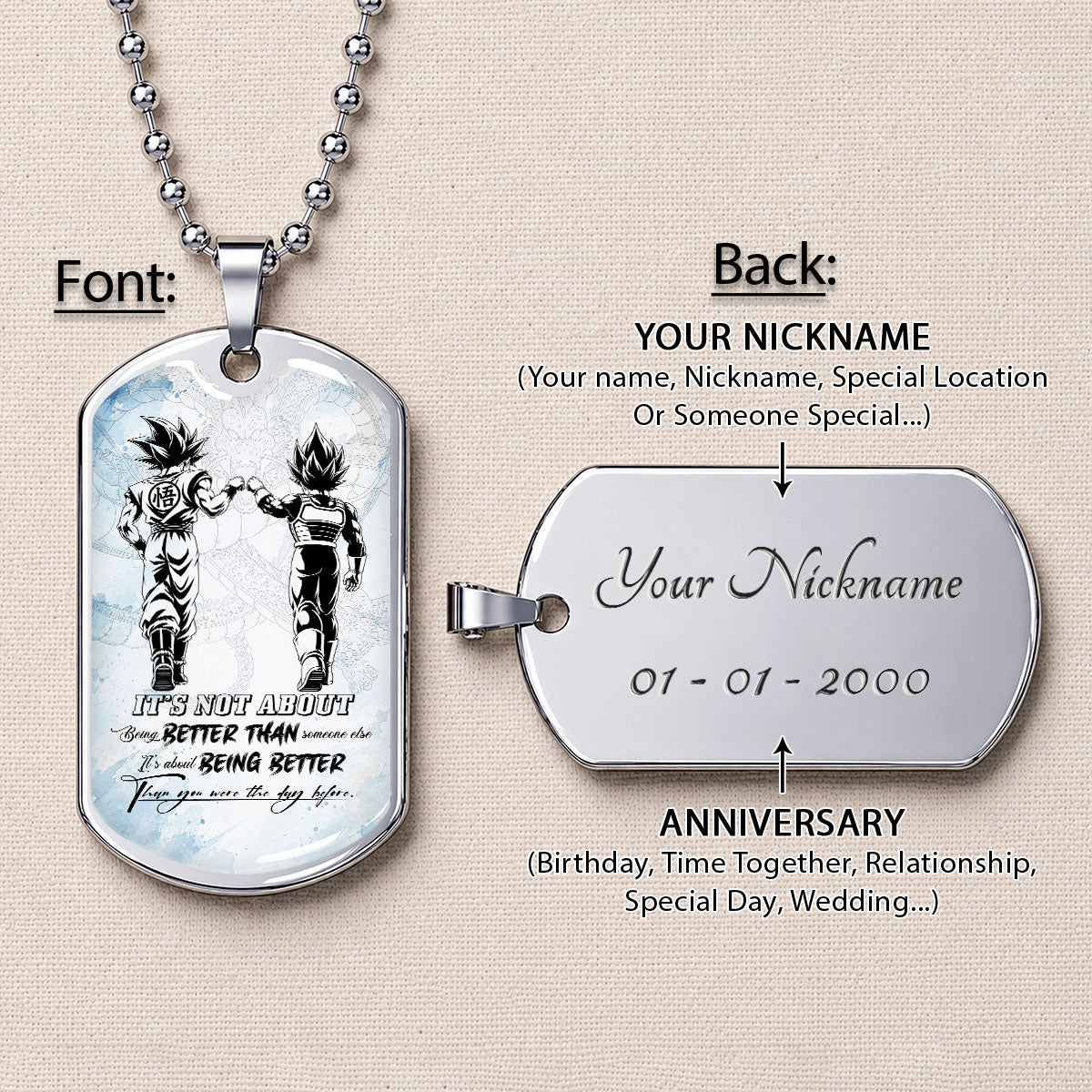 Custom Dragon Ball Goku & Vegeta Dog Tag Necklace - Motivational Quote "Being Better Than Yesterday" Stainless Steel Pendant - Anime Gift for DBZ Fans - DRDL129