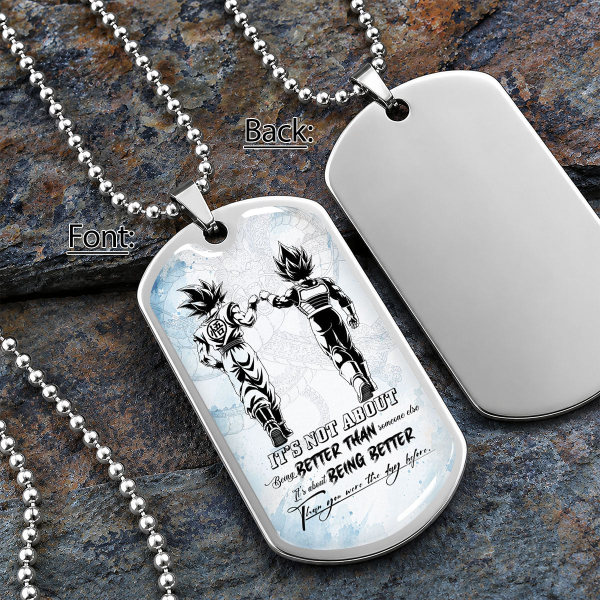 Custom Dragon Ball Goku & Vegeta Dog Tag Necklace - Motivational Quote "Being Better Than Yesterday" Stainless Steel Pendant - Anime Gift for DBZ Fans - DRDL129