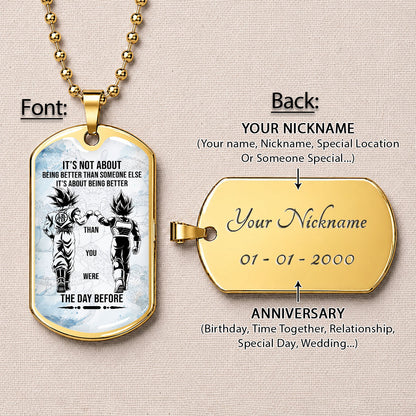 Custom Dragon Ball Goku & Vegeta Dog Tag Necklace - Motivational Quote "Being Better Than Yesterday" Stainless Steel Pendant - Anime Gift for DBZ Fans - DRDL130