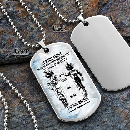 Custom Dragon Ball Goku & Vegeta Dog Tag Necklace - Motivational Quote "Being Better Than Yesterday" Stainless Steel Pendant - Anime Gift for DBZ Fans - DRDL130