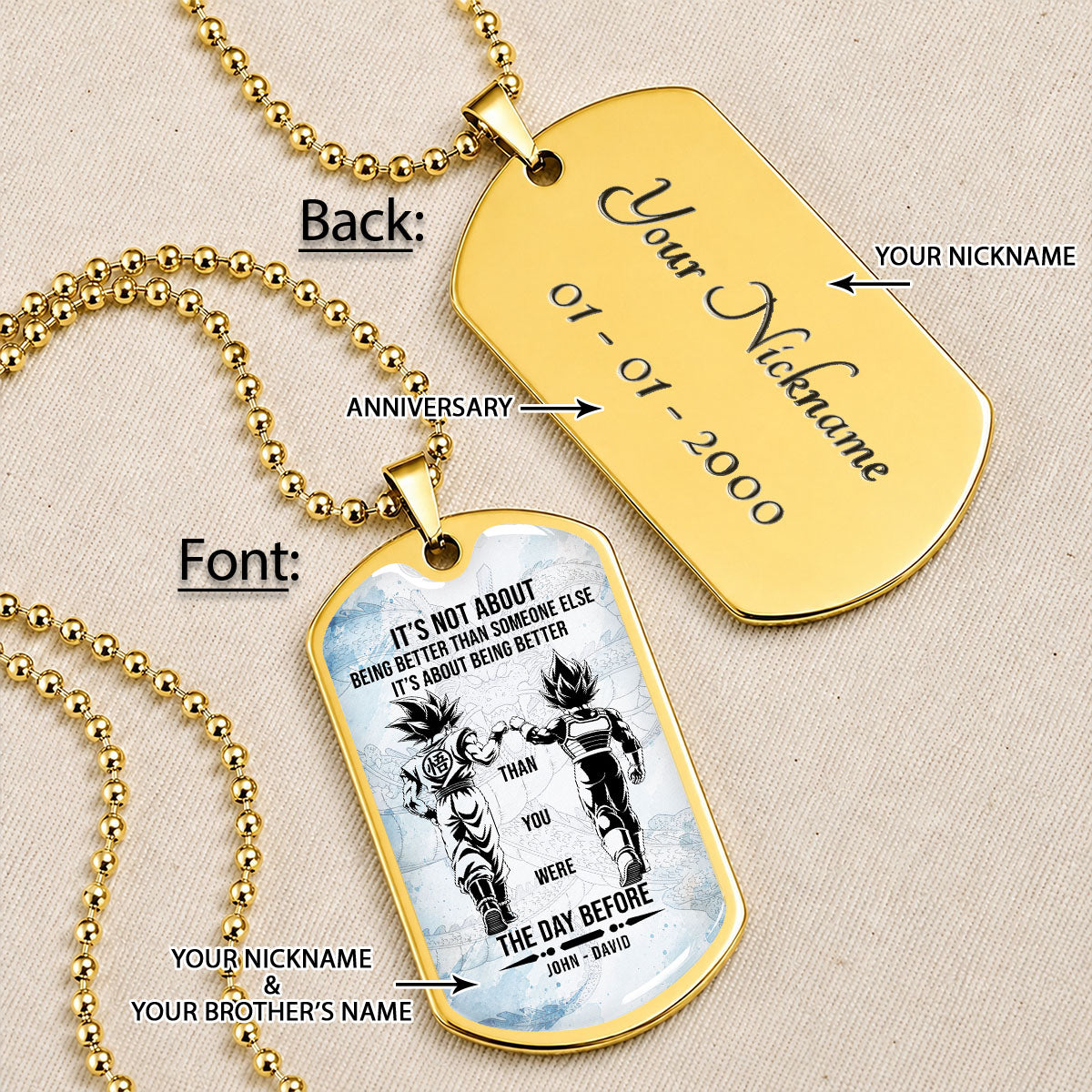 Custom Dragon Ball Goku & Vegeta Dog Tag Necklace - Motivational Quote "Being Better Than Yesterday" Stainless Steel Pendant - Anime Gift for DBZ Fans - DRDL130