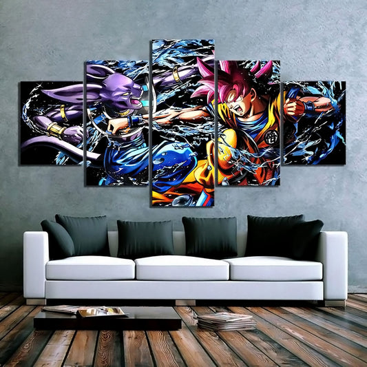 Dragon Ball - 5 Pieces Wall Art - Beerus - Goku Super Saiyan God - Fight - Printed Wall Pictures Home Decor - Dragon Ball Poster - Dragon Ball Canvas