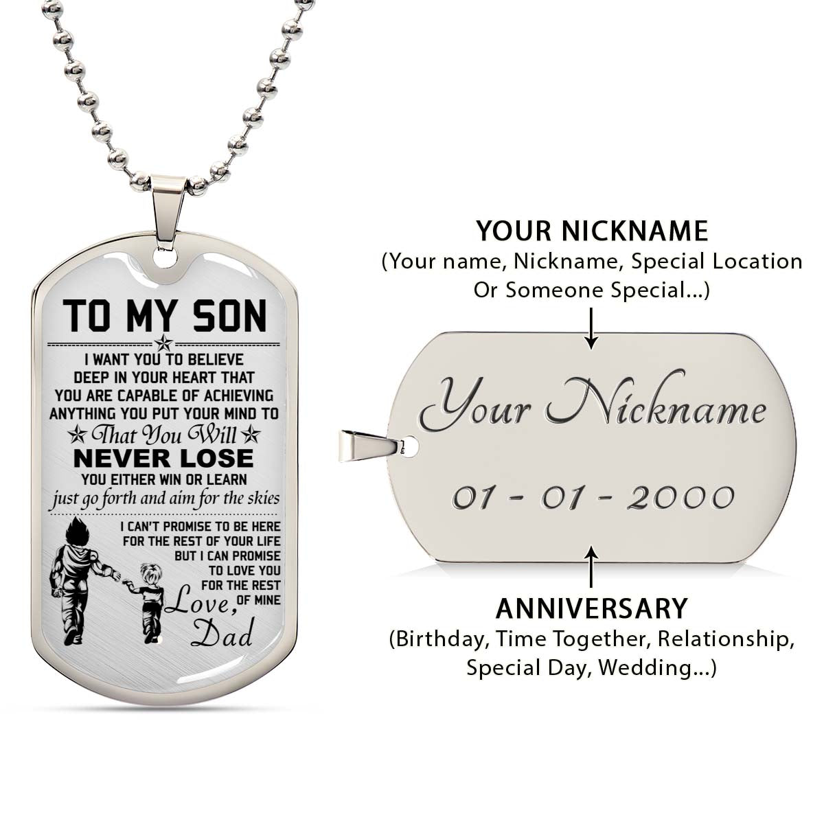 Dragon Ball - DRDL007 - Dad To Son - Never Lose - Vegeta - Trunks - Dragon Ball Dog Tag - Military Ball Chain - Luxury Dog Tag