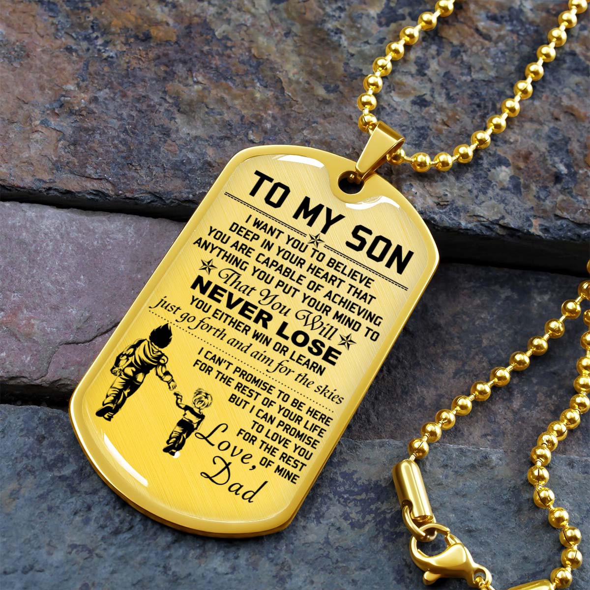 Dragon Ball - DRDL007 - Dad To Son - Never Lose - Vegeta - Trunks - Dragon Ball Dog Tag - Military Ball Chain - Luxury Dog Tag