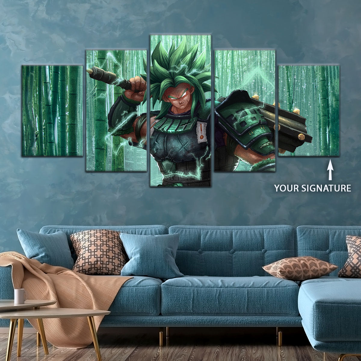 Dragon Ball Super Broly Green Armor Canvas Wall Art - 5 Piece Split Panel DBZ Anime Poster - Framed Ready to Hang Living Room Man Cave Decor - DR5023