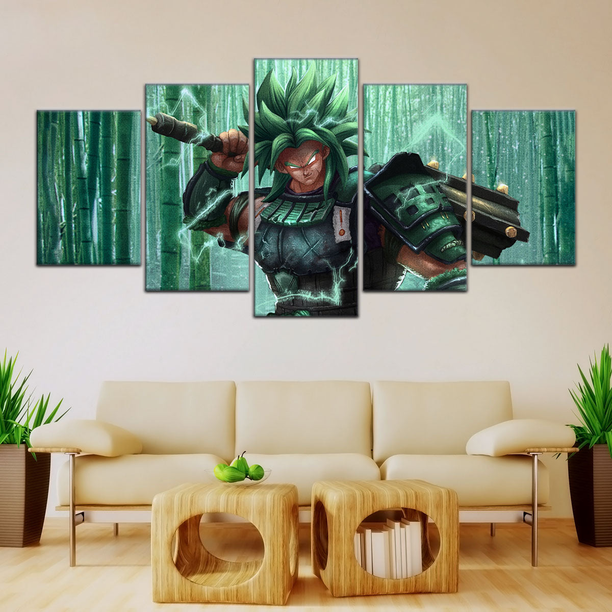 Dragon Ball Super Broly Green Armor Canvas Wall Art - 5 Piece Split Panel DBZ Anime Poster - Framed Ready to Hang Living Room Man Cave Decor - DR5023