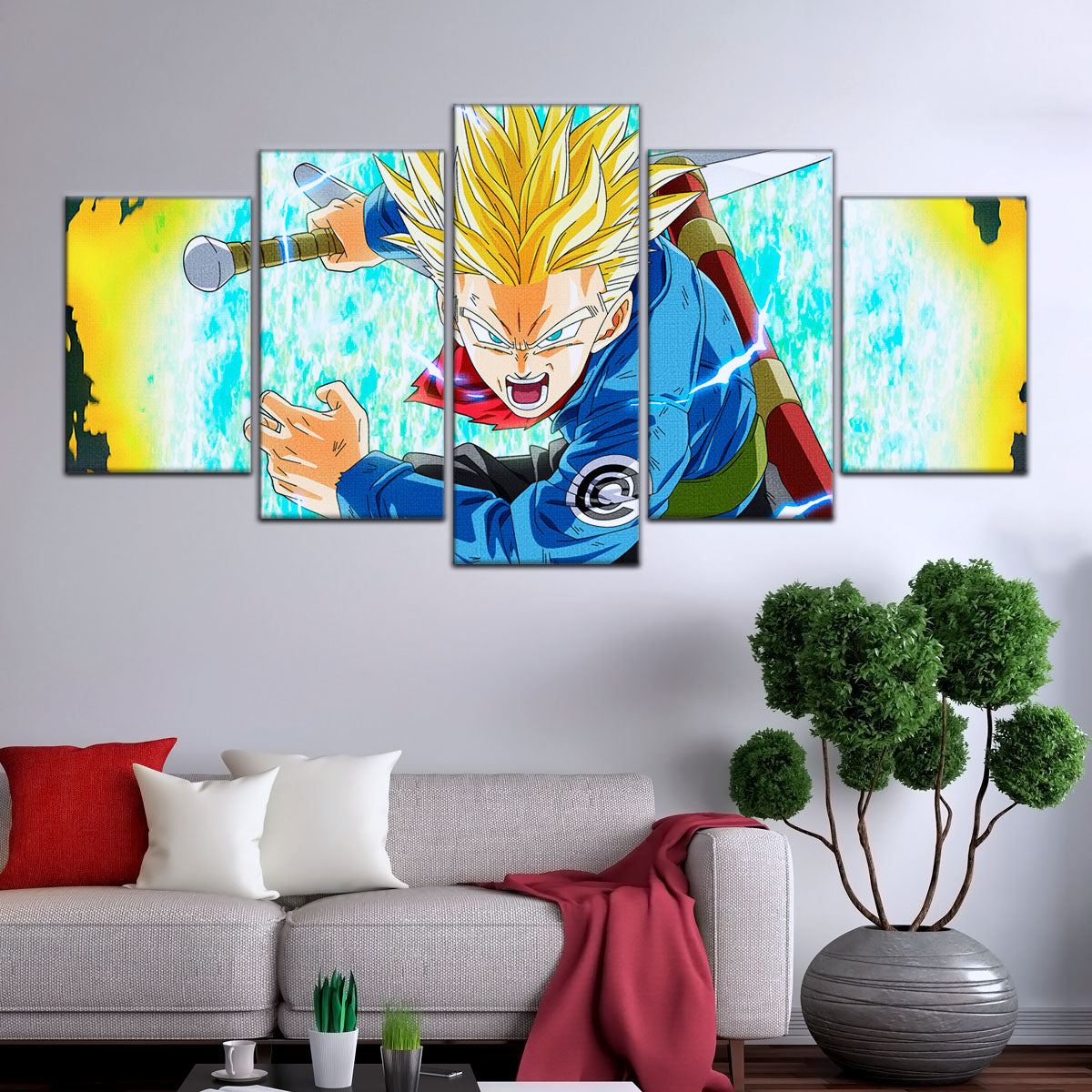 Dragon Ball Super Future Trunks Canvas Wall Art - 5 Piece Split Panel DBZ Anime Poster - Framed Ready to Hang Living Room Man Cave Decor - DR5106