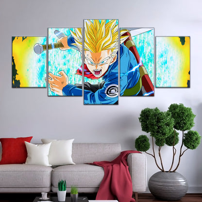 Dragon Ball Super Future Trunks Canvas Wall Art - 5 Piece Split Panel DBZ Anime Poster - Framed Ready to Hang Living Room Man Cave Decor - DR5106