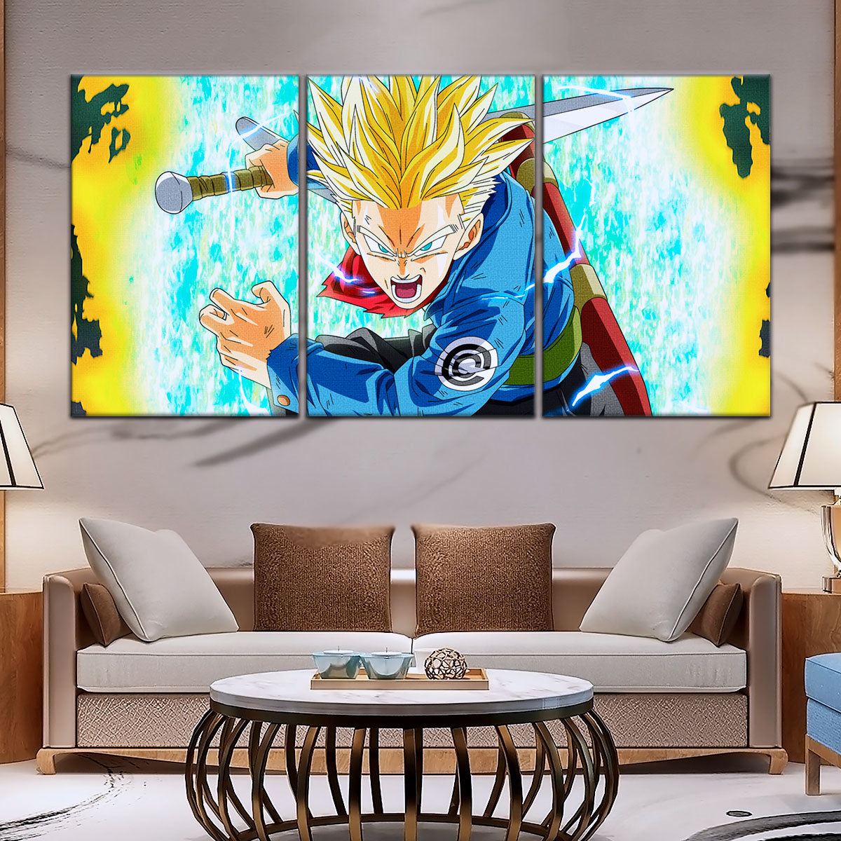 Dragon Ball Super Future Trunks Canvas Wall Art - 5 Piece Split Panel DBZ Anime Poster - Framed Ready to Hang Living Room Man Cave Decor - DR5106