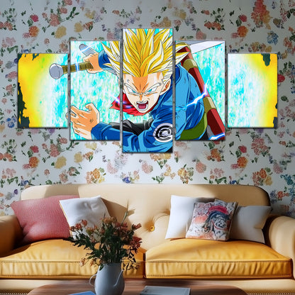 Dragon Ball Super Future Trunks Canvas Wall Art - 5 Piece Split Panel DBZ Anime Poster - Framed Ready to Hang Living Room Man Cave Decor - DR5106