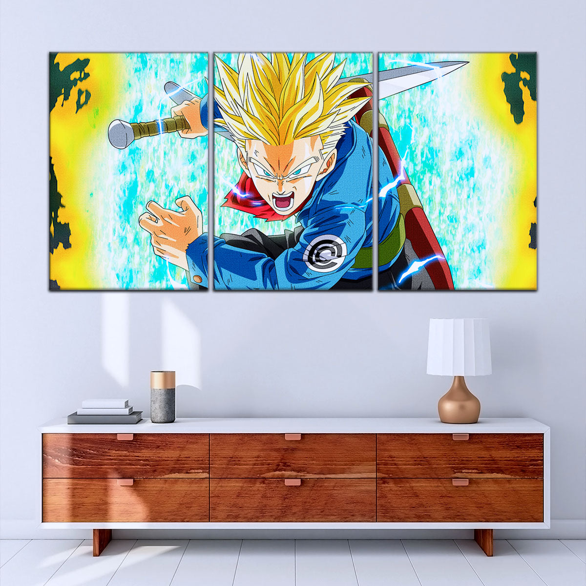 Dragon Ball Super Future Trunks Canvas Wall Art - 5 Piece Split Panel DBZ Anime Poster - Framed Ready to Hang Living Room Man Cave Decor - DR5106