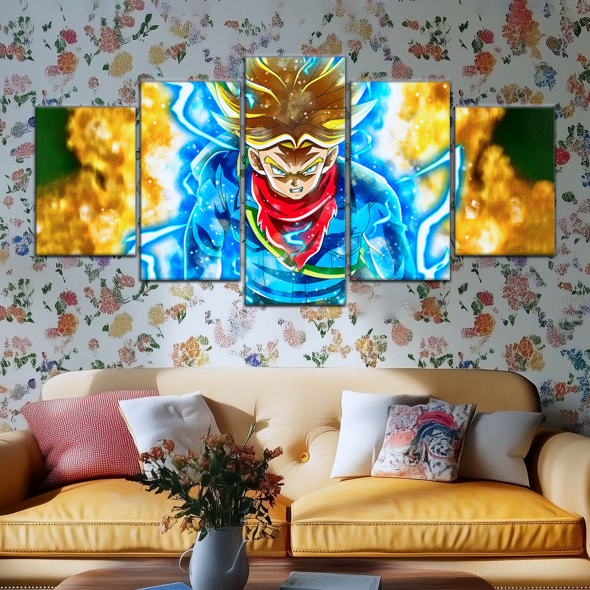 Dragon Ball Super Future Trunks Canvas Wall Art - 5 Piece Split Panel DBZ Anime Poster - Framed Ready to Hang Living Room Man Cave Decor - DR5107