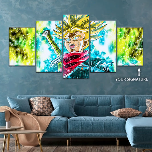 Dragon Ball Super Future Trunks Canvas Wall Art - 5 Piece Split Panel DBZ Anime Poster - Framed Ready to Hang Living Room Man Cave Decor - DR5110