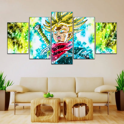 Dragon Ball Super Future Trunks Canvas Wall Art - 5 Piece Split Panel DBZ Anime Poster - Framed Ready to Hang Living Room Man Cave Decor - DR5110