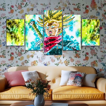 Dragon Ball Super Future Trunks Canvas Wall Art - 5 Piece Split Panel DBZ Anime Poster - Framed Ready to Hang Living Room Man Cave Decor - DR5110