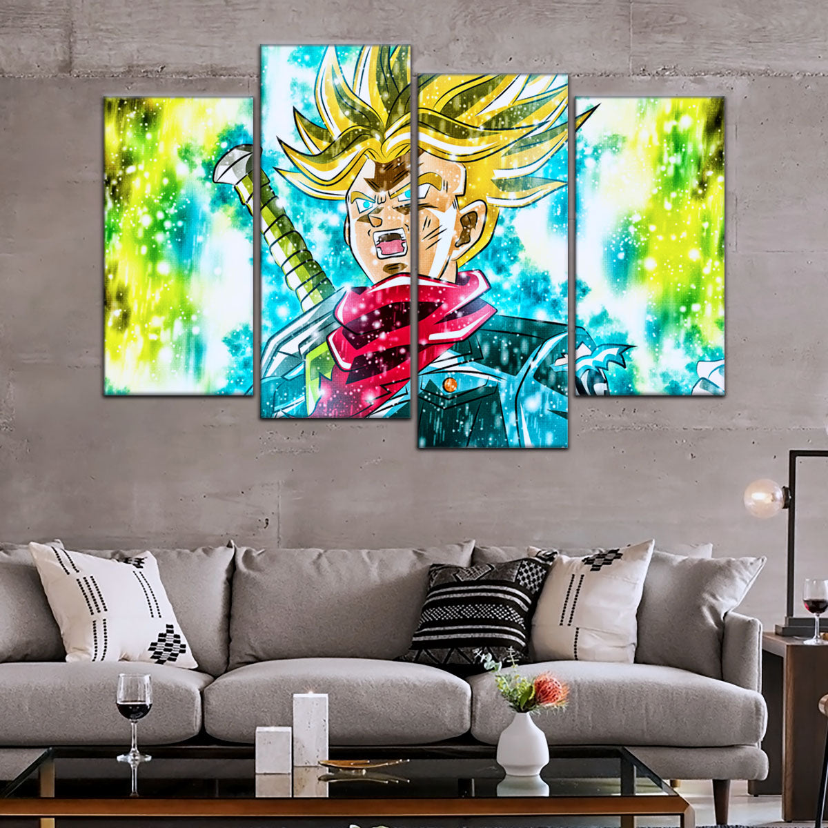 Dragon Ball Super Future Trunks Canvas Wall Art - 5 Piece Split Panel DBZ Anime Poster - Framed Ready to Hang Living Room Man Cave Decor - DR5110