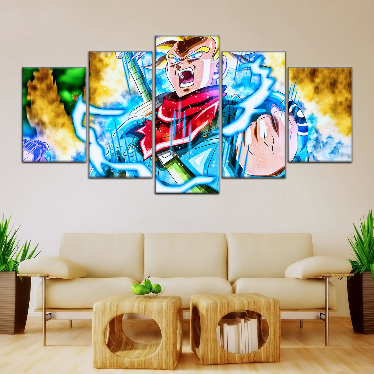 Dragon Ball Super Future Trunks Canvas Wall Art  - 5 Piece Split Panel DBZ Anime Poster - Framed Ready to Hang Living Room Man Cave Decor - DR5111