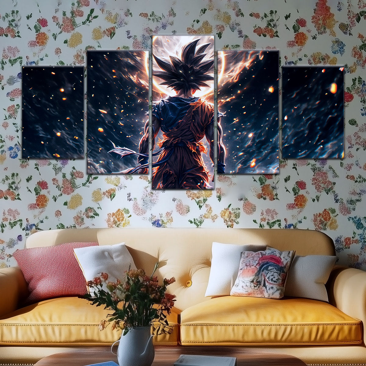 Dragon Ball Super Goku Ultra Instinct Canvas Wall Art - 5 Piece Split Panel DBZ Anime Poster - Ready to Hang Living Room Man Cave Decor - DR5074