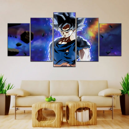Dragon Ball Super Goku Ultra Instinct Canvas Wall Art - 5 Piece Split Panel DBZ Anime Poster - Ready to Hang Living Room Man Cave Decor - DR5075