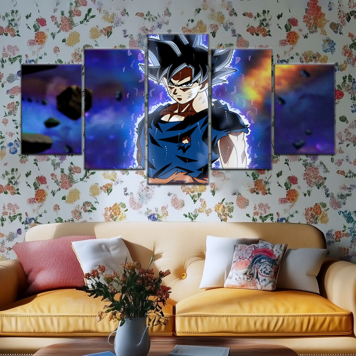 Dragon Ball Super Goku Ultra Instinct Canvas Wall Art - 5 Piece Split Panel DBZ Anime Poster - Ready to Hang Living Room Man Cave Decor - DR5075
