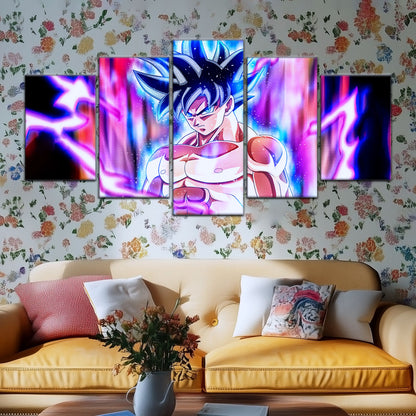 Dragon Ball Super Goku Ultra Instinct Canvas Wall Art - 5 Piece Split Panel DBZ Anime Poster - Ready to Hang Living Room Man Cave Decor - DR5076