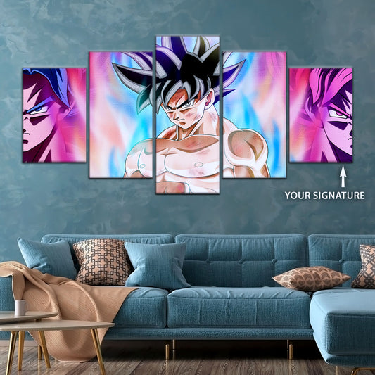 Dragon Ball Super Goku Ultra Instinct Canvas Wall Art - 5 Piece Split Panel DBZ Anime Poster - Ready to Hang Living Room Man Cave Decor - DR5077