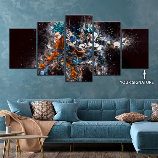 Dragon Ball Super Goku Vegeta Canvas Wall Art - 5 Piece Split Panel DBZ Anime Poster - Framed Ready to Hang Living Room Man Cave Decor - DR5065