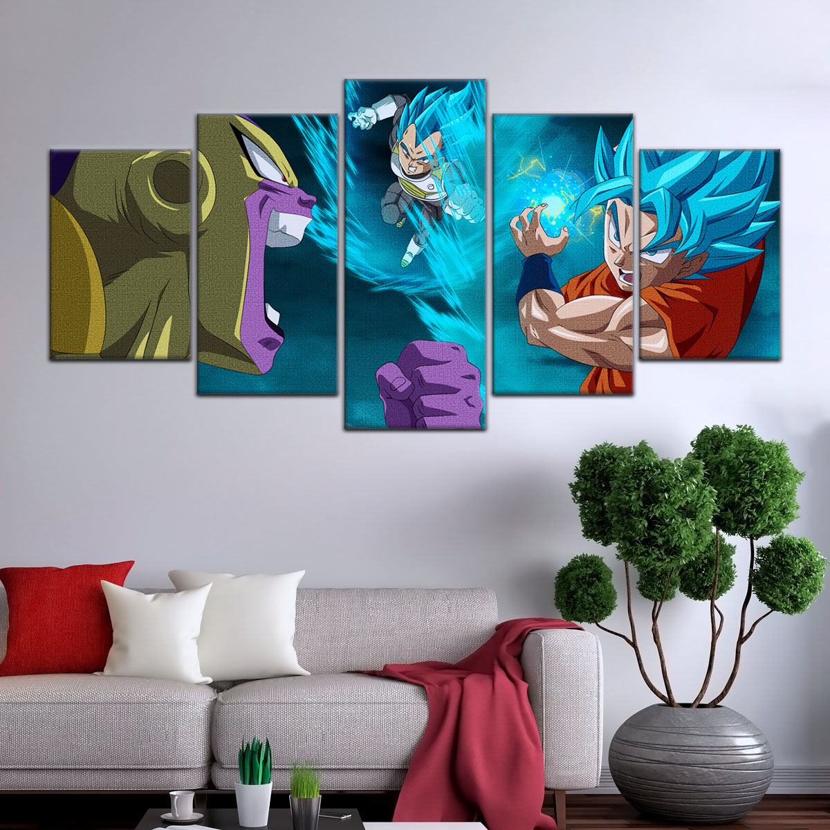 Dragon Ball Super Goku Vegeta vs Golden Frieza Canvas Wall Art - 5 Piece Split Panel DBZ Poster - Ready to Hang Living Room Man Cave Decor - DR5066