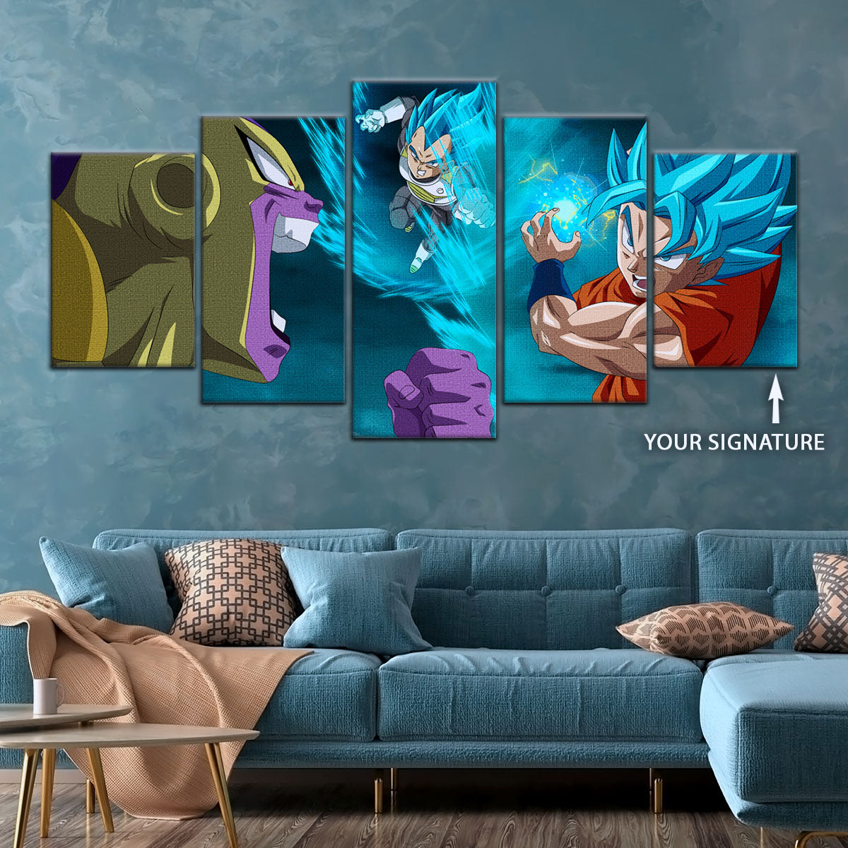 Dragon Ball Super Goku Vegeta vs Golden Frieza Canvas Wall Art - 5 Piece Split Panel DBZ Poster - Ready to Hang Living Room Man Cave Decor - DR5066
