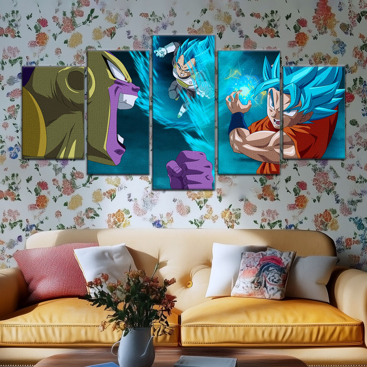 Dragon Ball Super Goku Vegeta vs Golden Frieza Canvas Wall Art - 5 Piece Split Panel DBZ Poster - Ready to Hang Living Room Man Cave Decor - DR5066