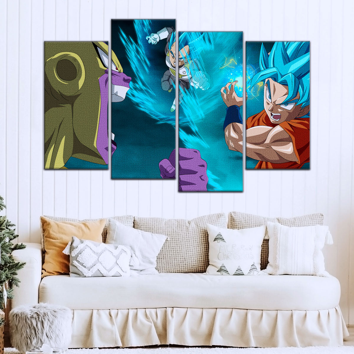 Dragon Ball Super Goku Vegeta vs Golden Frieza Canvas Wall Art - 5 Piece Split Panel DBZ Poster - Ready to Hang Living Room Man Cave Decor - DR5066