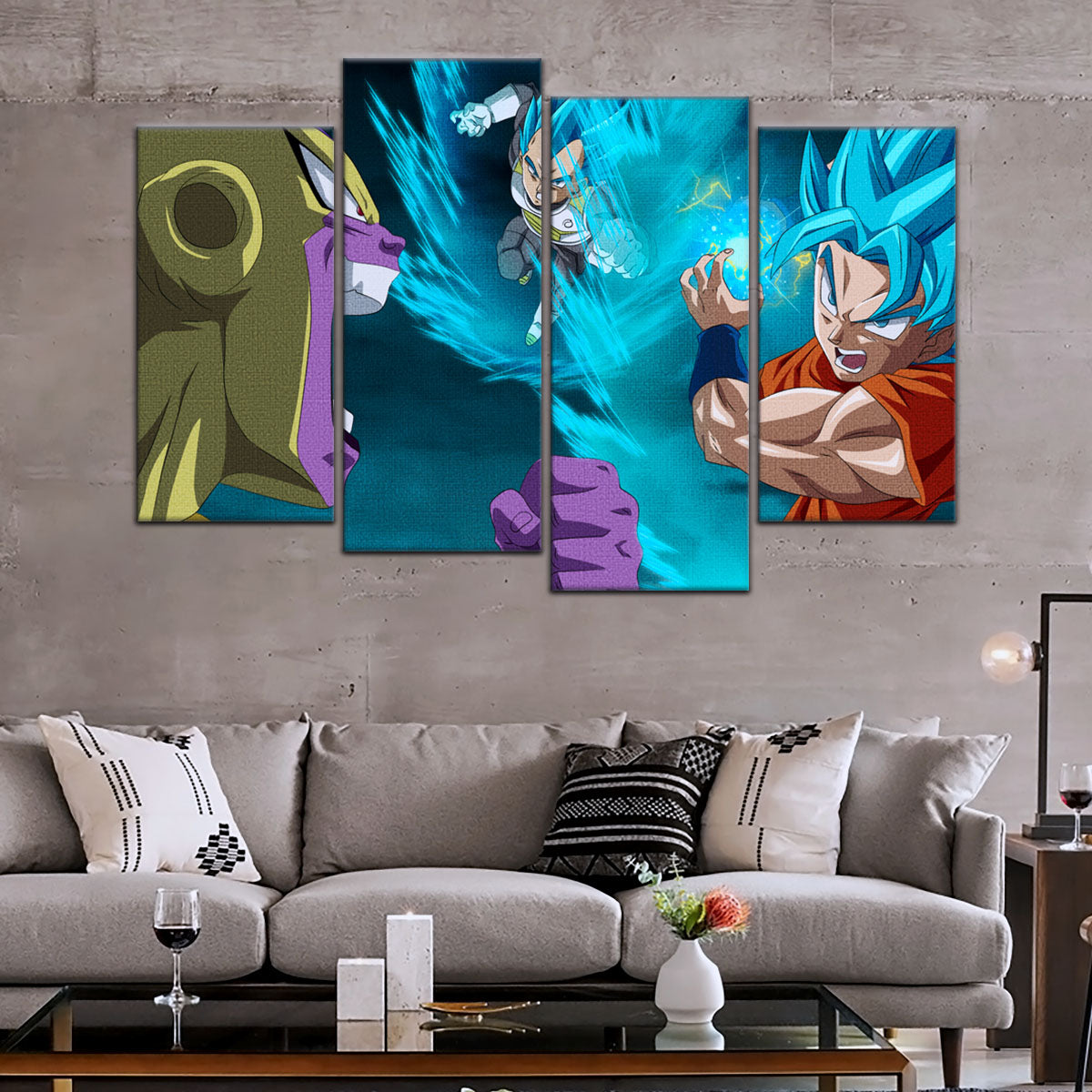 Dragon Ball Super Goku Vegeta vs Golden Frieza Canvas Wall Art - 5 Piece Split Panel DBZ Poster - Ready to Hang Living Room Man Cave Decor - DR5066