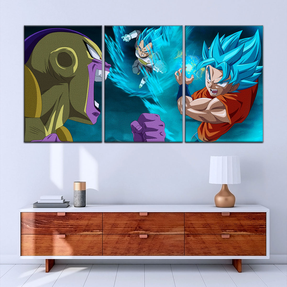 Dragon Ball Super Goku Vegeta vs Golden Frieza Canvas Wall Art - 5 Piece Split Panel DBZ Poster - Ready to Hang Living Room Man Cave Decor - DR5066