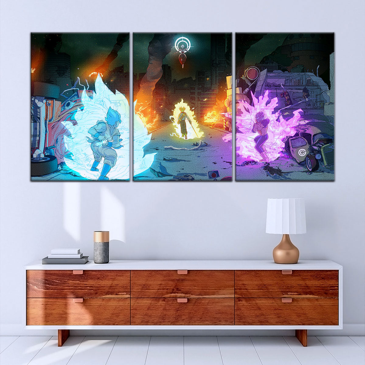 Dragon Ball Super Goku Vegeta vs Zamasu Canvas Wall Art - 5 Piece Split Panel DBZ Poster - Framed Ready to Hang Living Room Man Cave Decor - DR5060