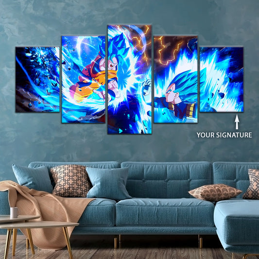 Dragon Ball Super Goku vs Vegeta Canvas Wall Art - 5 Piece Split Panel DBZ Poster Framed Print - Ready to Hang Living Room Man Cave Decor - DR5064