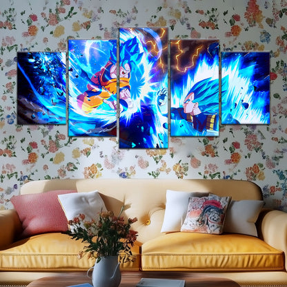 Dragon Ball Super Goku vs Vegeta Canvas Wall Art - 5 Piece Split Panel DBZ Poster Framed Print - Ready to Hang Living Room Man Cave Decor - DR5064