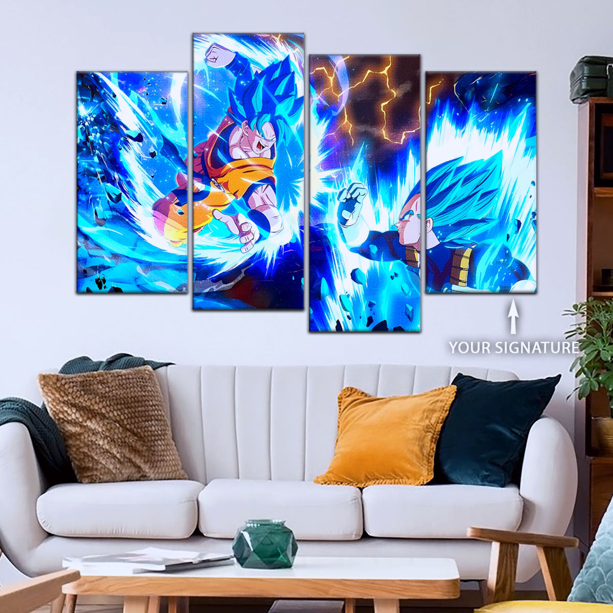 Dragon Ball Super Goku vs Vegeta Canvas Wall Art - 5 Piece Split Panel DBZ Poster Framed Print - Ready to Hang Living Room Man Cave Decor - DR5064