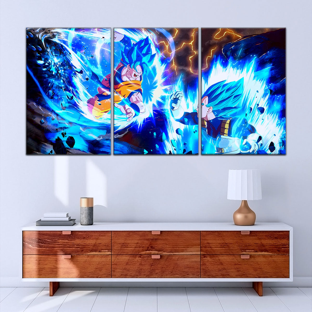 Dragon Ball Super Goku vs Vegeta Canvas Wall Art - 5 Piece Split Panel DBZ Poster Framed Print - Ready to Hang Living Room Man Cave Decor - DR5064