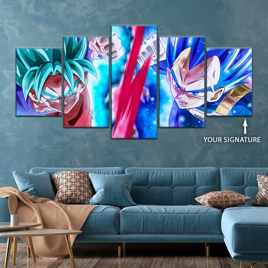 Dragon Ball Super Goku vs Vegeta Showdown Canvas Wall Art - 5 Piece Split Panel DBZ Anime Poster - Ready to Hang Living Room Man Cave Decor - DR5080