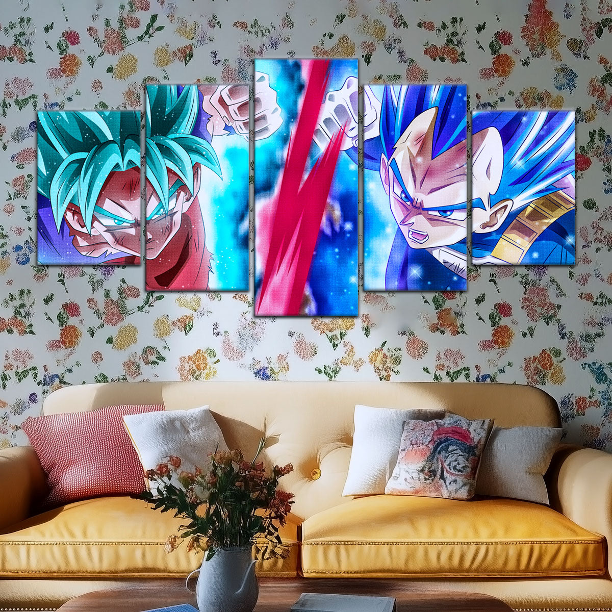 Dragon Ball Super Goku vs Vegeta Showdown Canvas Wall Art - 5 Piece Split Panel DBZ Anime Poster - Ready to Hang Living Room Man Cave Decor - DR5080