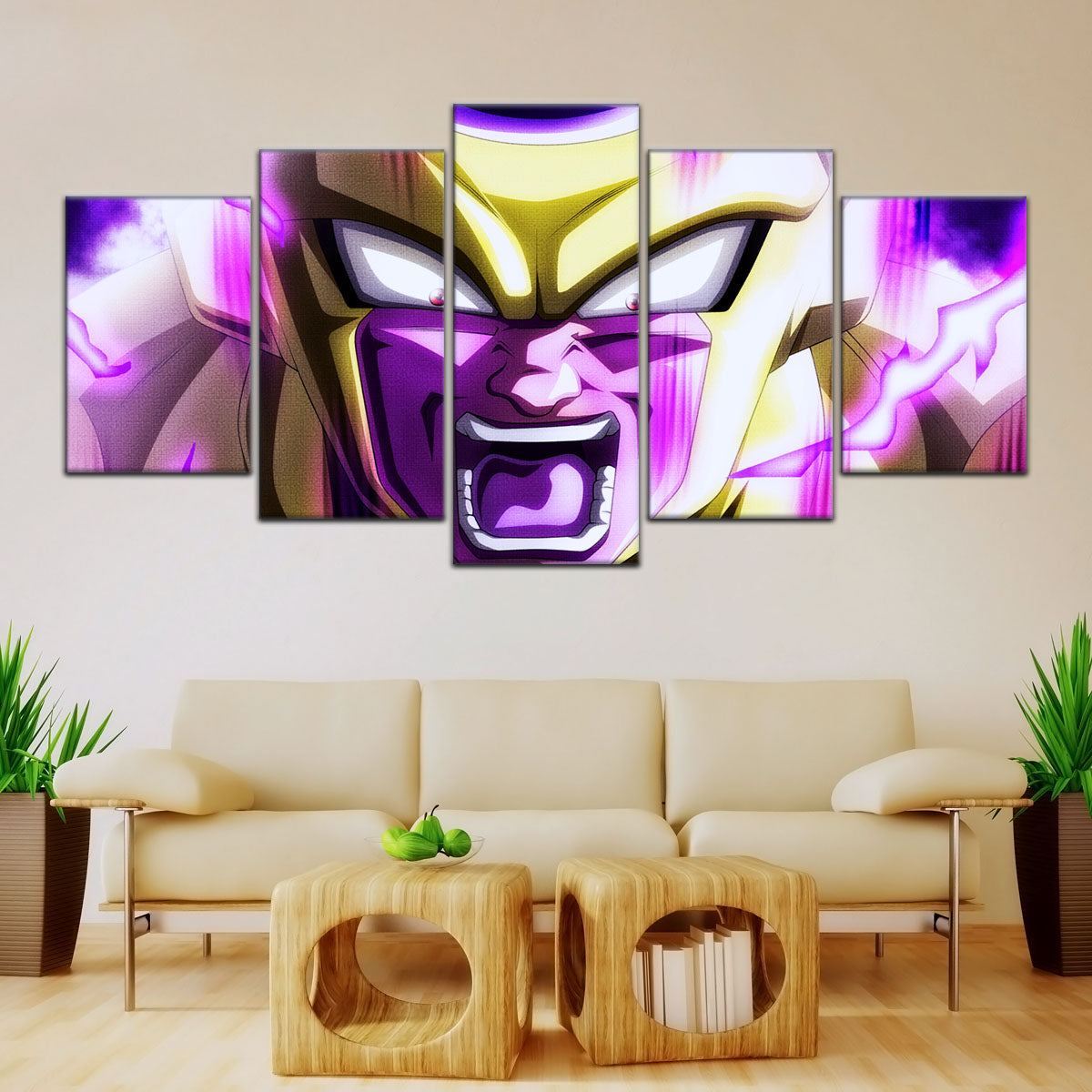 Dragon Ball Super Golden Frieza Canvas Wall Art - 5 Piece Split Panel DBZ Anime Poster - Framed Ready to Hang Living Room Man Cave Decor - DR5083