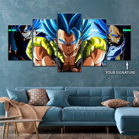 Dragon Ball Super Saiyan Blue Gogeta Canvas Wall Art - 5 Piece Split Panel DBZ Anime Poster - Framed Ready to Hang Living Room Man Cave Decor - DR5028
