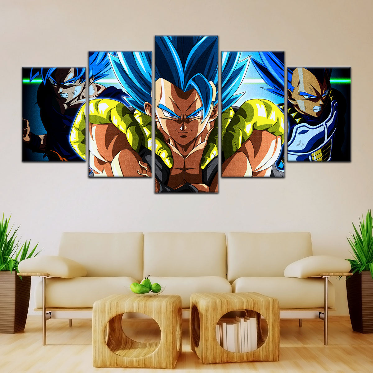 Dragon Ball Super Saiyan Blue Gogeta Canvas Wall Art - 5 Piece Split Panel DBZ Anime Poster - Framed Ready to Hang Living Room Man Cave Decor - DR5028