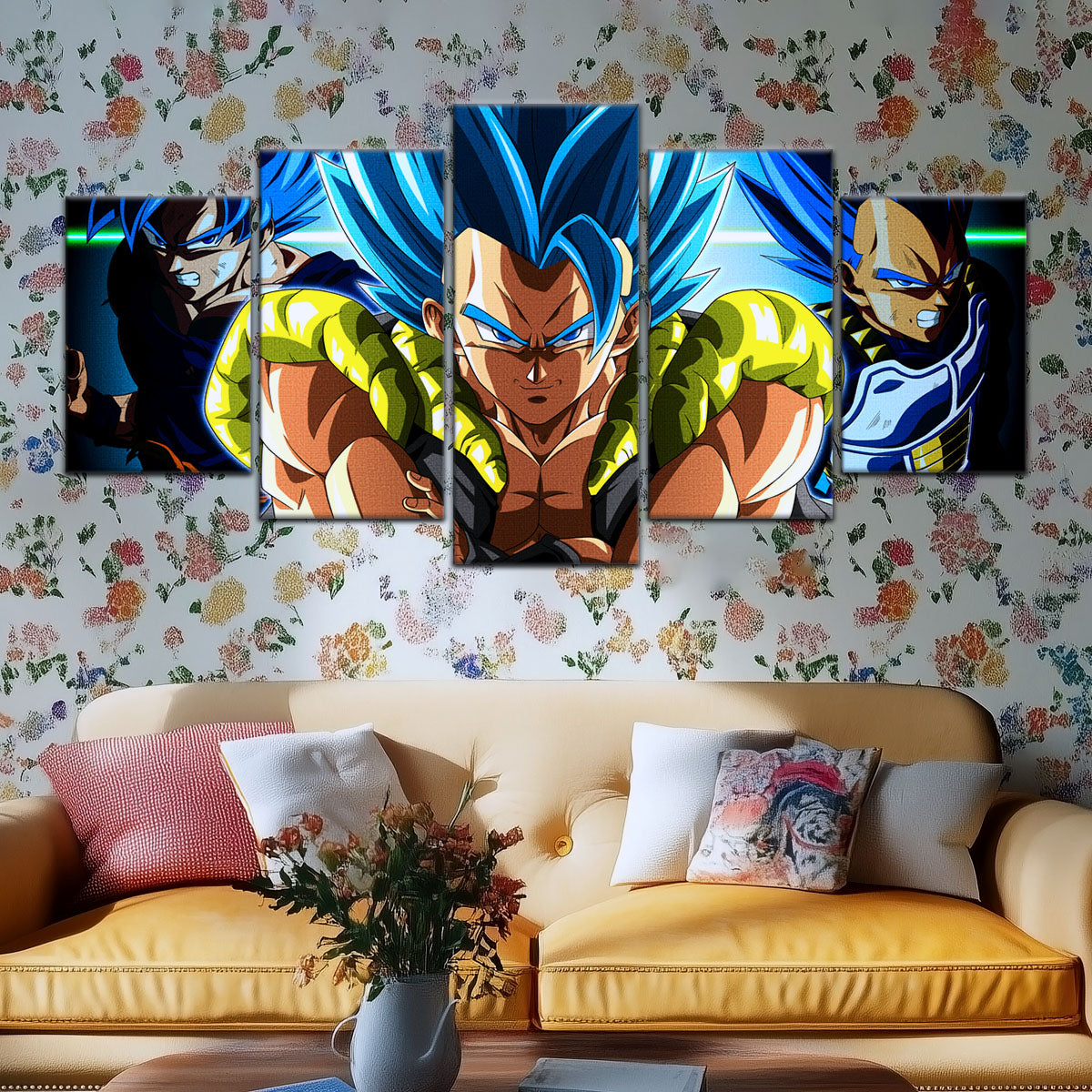 Dragon Ball Super Saiyan Blue Gogeta Canvas Wall Art - 5 Piece Split Panel DBZ Anime Poster - Framed Ready to Hang Living Room Man Cave Decor - DR5028